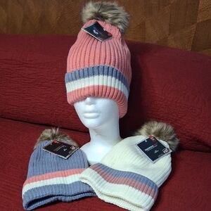 Therma X 3 Knit Beanies with Pom Pom - Pink, Blue, and Cream